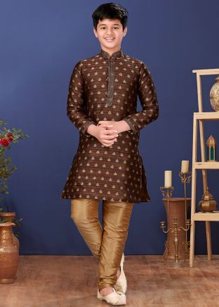 Brown Readymade Kids Kurta Churidaar Set