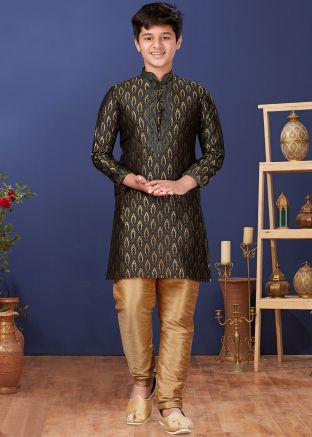 Black Jacquard Kids Kurta Churidaar Set
