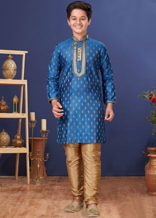 Jacquard Readymade Kids Kurta Pajama In Blue