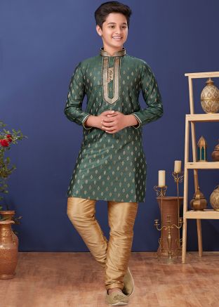 Green Kids Readymade Jacquard Kurta Pajama