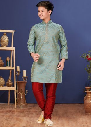Kids Jacquard Kurta Pajama In Light Blue