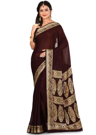 Dark Brown Woven Pure Silk Saree