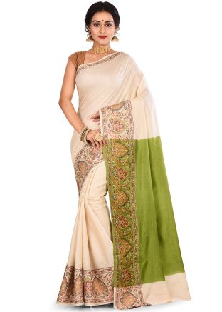 Cream And Green Embroidered Pure Silk Saree