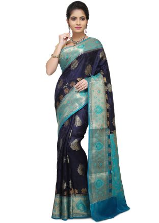 Navy Blue And Turquoise Woven Pure Silk Saree