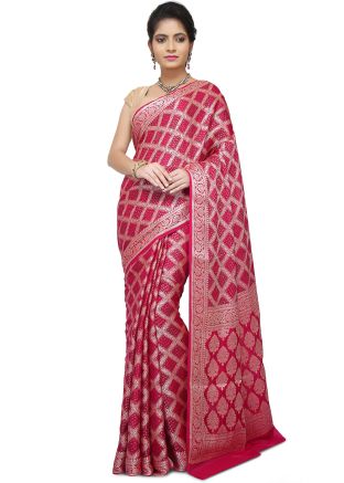Dark Pink Woven Pure Silk Saree