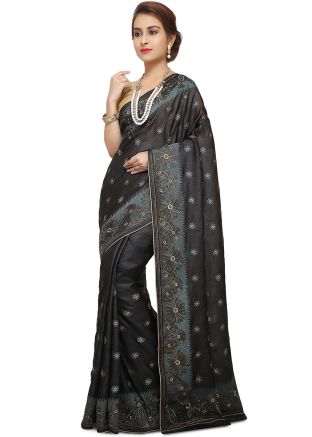 Black Embroidered Pure Silk Saree