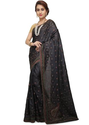 Black Resham Embroidered Pure Silk Saree