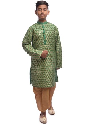 Green Woven Readymade Kids Dhoti Kurta Set