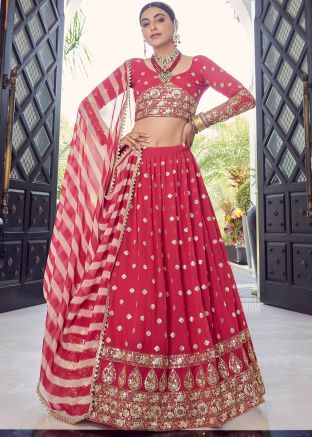 Red Gota Embellished Lehenga Choli In Georgette