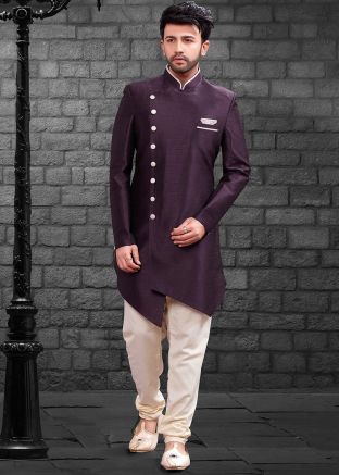Indian Groom Ourfit: Buy Purple Asymmetric Indo Western Wedding Sherwani Online