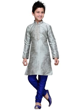 Grey Readymade Kids Kurta Pajama In Silk