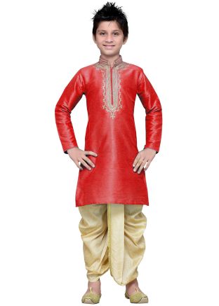 Red Readymade Kids Embroidered Dhoti Kurta Set