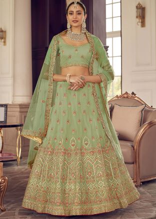 Heavy Border Embroidered Green Lehenga Choli In Organza