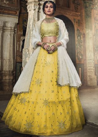Yellow Sequins Embroidered Lehenga Choli In Net