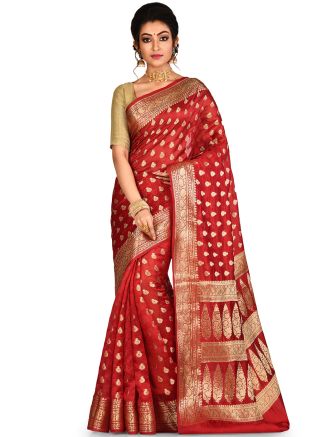 Red Bridal Woven Indian Banarasi Saree Online Shopping