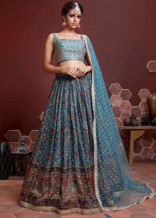Blue Lehenga With Embroidered Choli In Art Silk