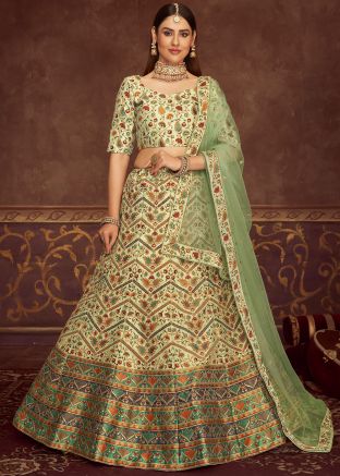 Green Floral Print Silk Lehenga Choli With Dupatta