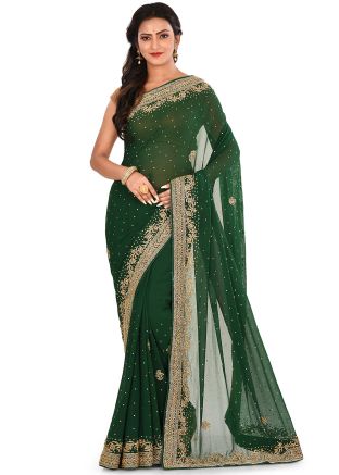 Green Georgette Embroidered Saree With Blouse