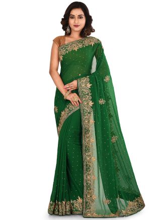 Green Embroidered Georgette Saree With Blouse