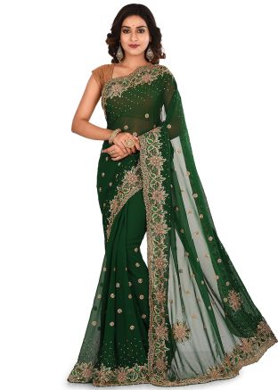 Green Embroidered Georgette Saree With Blouse