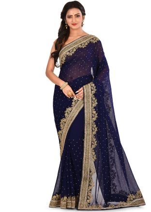 Navy Blue Georgette Embroidered Saree With Blouse