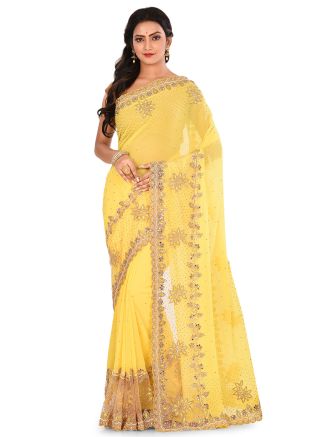 Yellow Georgette Embroidered Saree With Blouse