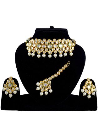 Kundan Studded and Pearl Golden Choker Necklace Set