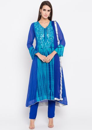Blue Mirror Embellished Georgette Pant Suit 