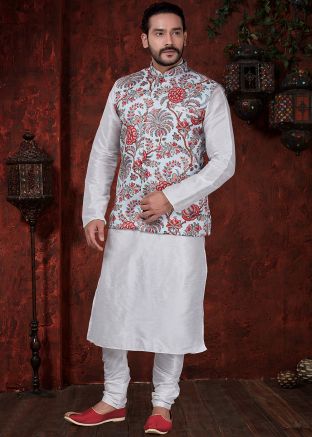 Buy Readymade White Mens Kurta Pajama for Wedding With Nehru Jacket Online USA