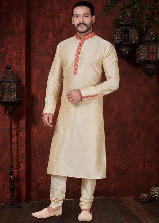 Cream Readymade Dupion Silk Kurta Pajama