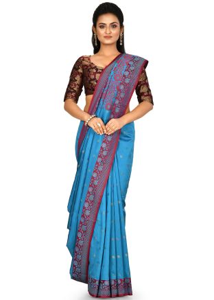 Blue Banarasi Silk Woven Saree With Blouse