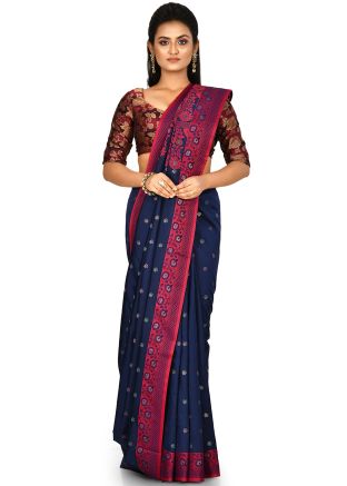 Navy Blue Woven Banarasi Silk Saree