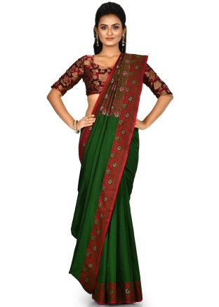 Green Banarasi Pure Silk Sarees Woven Border Saree