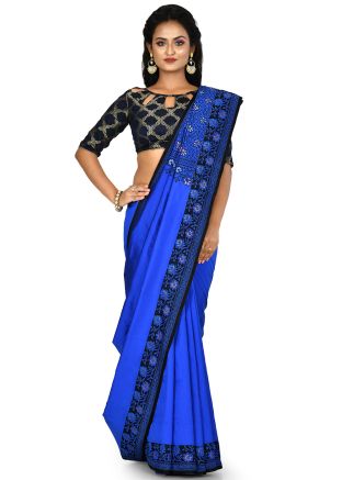 Blue Banarasi Silk Floral Woven Border Saree