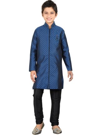 Readymade Blue Brocade Kids Kurta Pajama