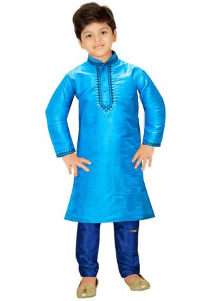 Blue Readymade Kids Kurta Churidaar In Silk