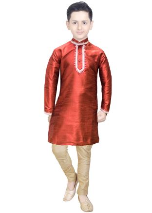 Maroon Readymade Kids Silk Kurta Pyjama