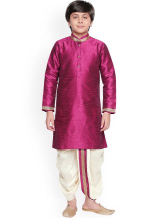 Magenta Readymade Silk Kids Kurta With Dhoti
