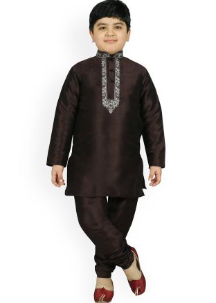 Dark Brown Readymade Kids Silk Kurta Pyjama