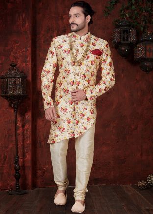 Buy Cream Asymmetric Readymade Indo Western Sherwani for Men Online