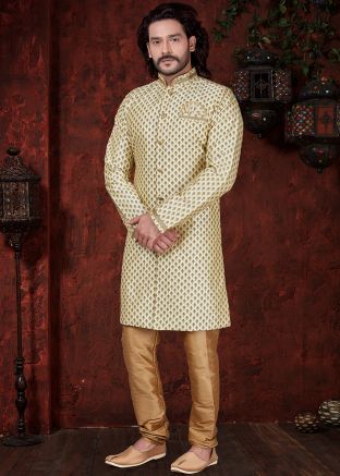 Readymade Cream Printed Indo Western Sherwani