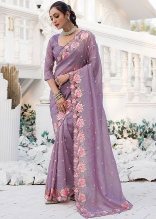 Mauve Purple Embroidered Silk Saree