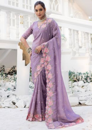 Lavender Purple Silk Embroidered Saree