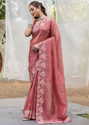 Coral Pink Embroidered Silk Saree