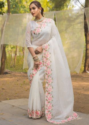 White Embroidered Border Silk Saree