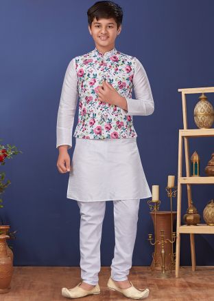 White Kids Kurta Churidar With Printed Nehru Jacket