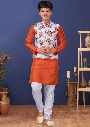 Orange Kids Kurta Churidar With Printed Nehru Jacket