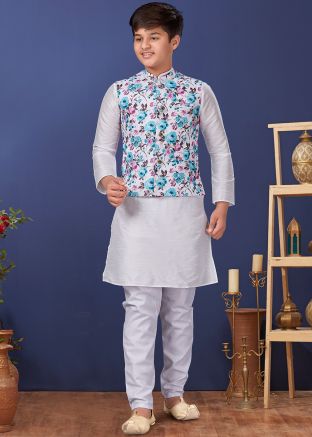 Off White Kids Kurta Set With Digital Printed Jacket