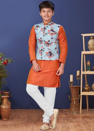 Orange Readymade Kids Kurta Set With Printed Jacket