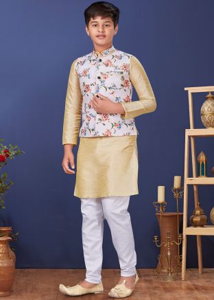 Golden Kids Kurta Churidar With Printed Nehru Jacket